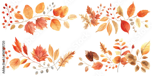 Autumn wreath frame border leaves tree branches set watercolor design resources elements isolated on transparent background