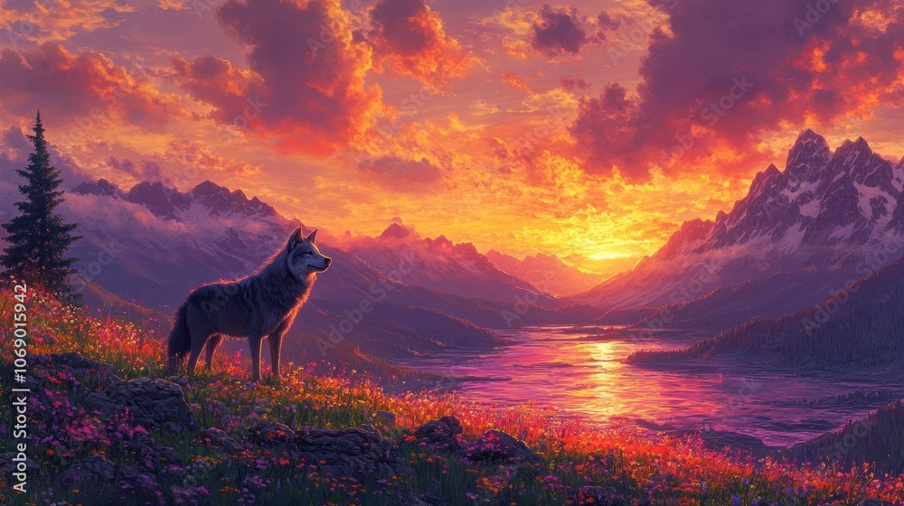 A lone wolf stands on a mountainside overlooking a valley at sunset, with a bright, orange sky and a sparkling lake in the distance. A lone wolf stands on a mountainside overlooking a valley at sunset, with a bright, orange sky and a sparkling lake in the distance.