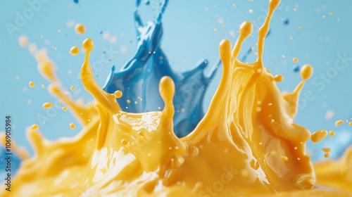 Vivid splashes of blue and yellow oil paint create a dynamic abstract display against a clean background, showcasing the beauty of color mixing in an artistic manner photo