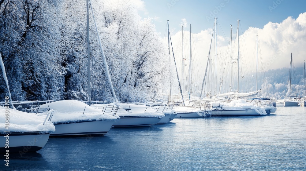 Fototapeta premium A serene winter harbor scene with snow-covered boat and a tranquil waterway.