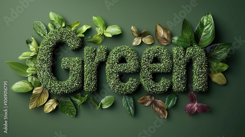 Green Lettering Made of Fresh Leaves and Foliage