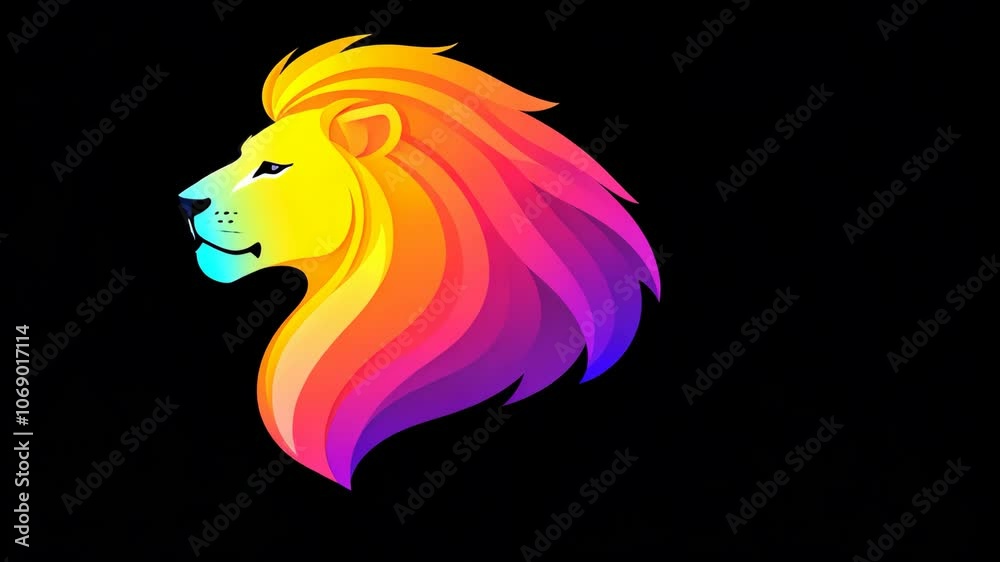 A colorful lion's head with a vibrant mane against a black background A colorful lion's head with a vibrant mane against a black background