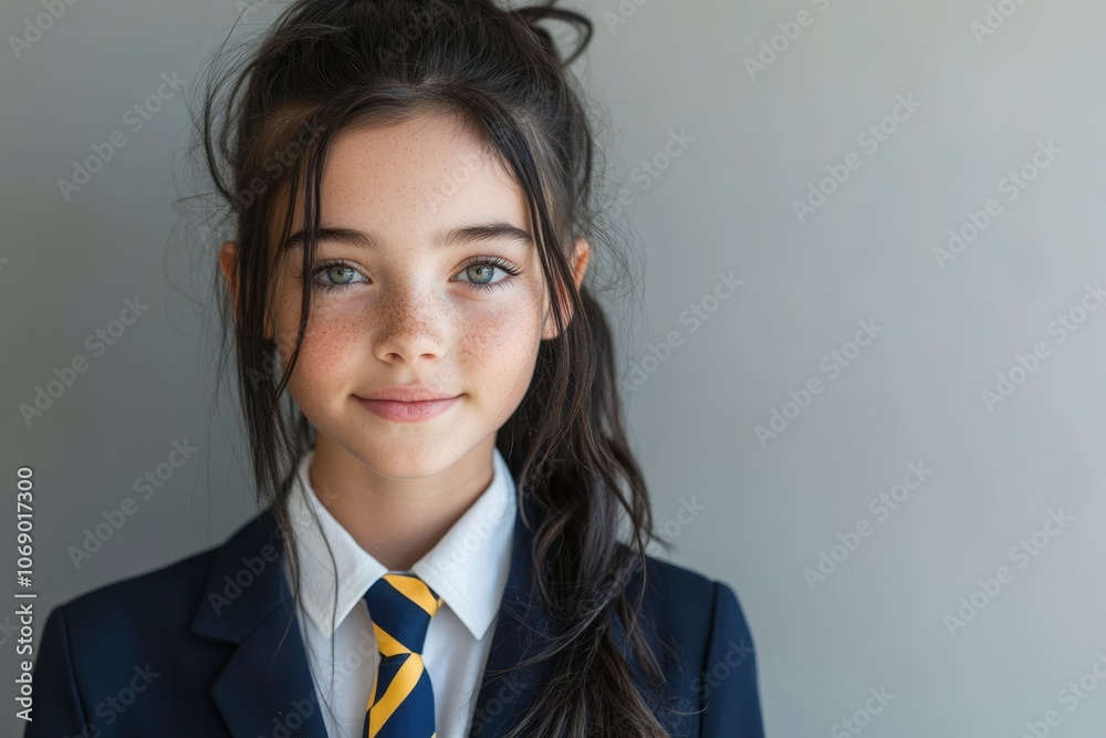 Portrait of a young girl wearing a school uniform, looking directly at the camera with a smile Portrait of a young girl wearing a school uniform, looking directly at the camera with a smile