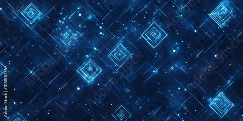 Intricate digital grid pattern with glowing blue lines and squares on a dark textured background, creating a futuristic ambiance