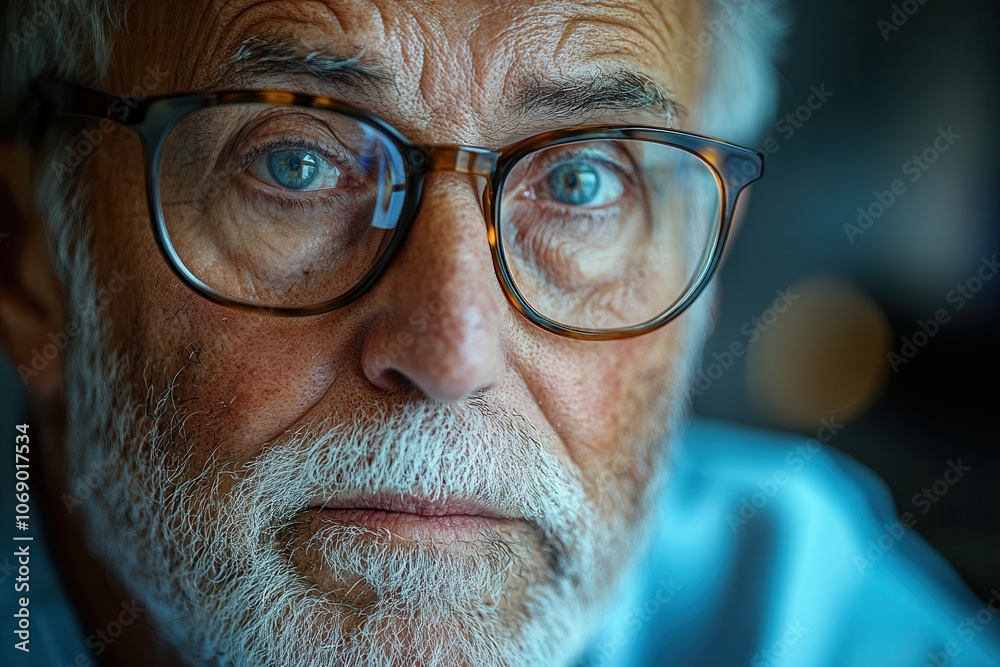 Elderly man with glasses in soft focus background