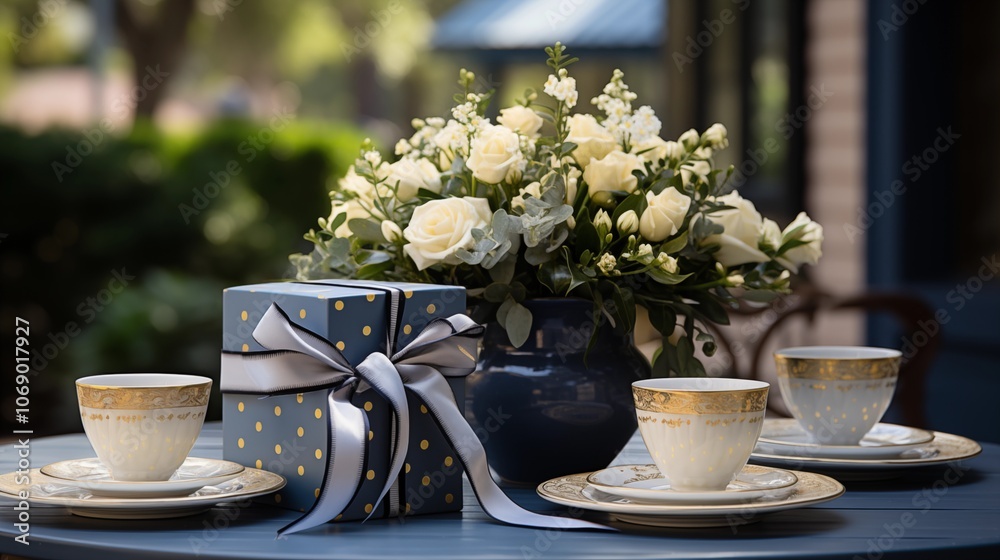 A sophisticated gift wrapped in navy ribbon sits on a table with charming polka dot cups and saucers, perfect for stylish gifting moments. A sophisticated gift wrapped in navy ribbon sits on a table with charming polka dot cups and saucers, perfect for stylish gifting moments.