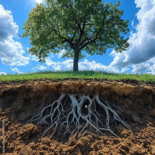 Tree with Exposed Roots Against a Bright Sky