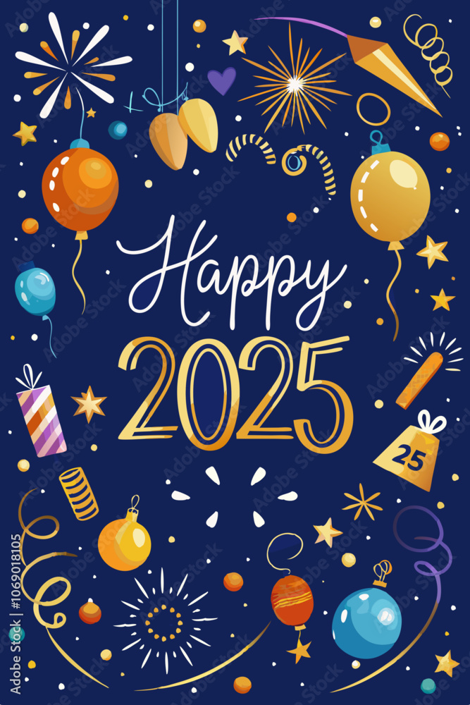 Naklejka premium Generative AI Festive New Year 2025 illustration featuring A fun and colorful illustration celebrating New Year's Eve, cartoon designs with fireworks, colorful sparklers, and joyful emoticons. cheerfu