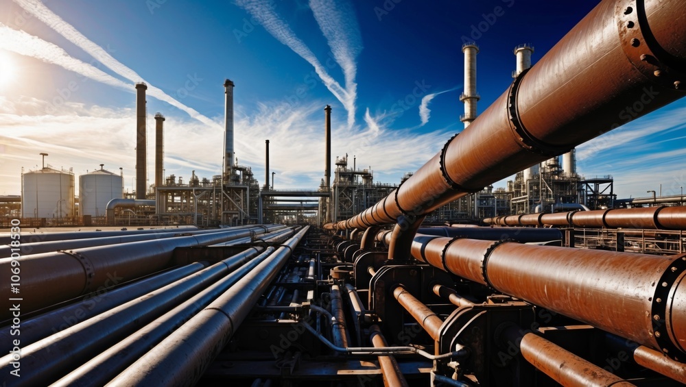 Pipelines and industrial structures under a clear blue sky at sunset in an oil refinery