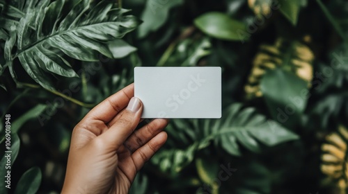 A hand holds a blank card against a backdrop of lush green foliage.