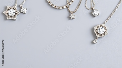 Assorted sparkling jewels on a sleek grey background, luxury, elegance