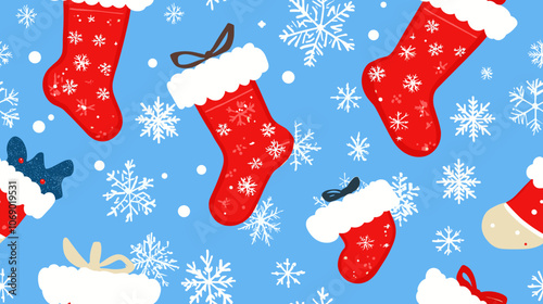 Cute Christmas stockings and snowflakes seamless repeat pattern. Holiday season background with Christmas socks for wrapping paper, textile design