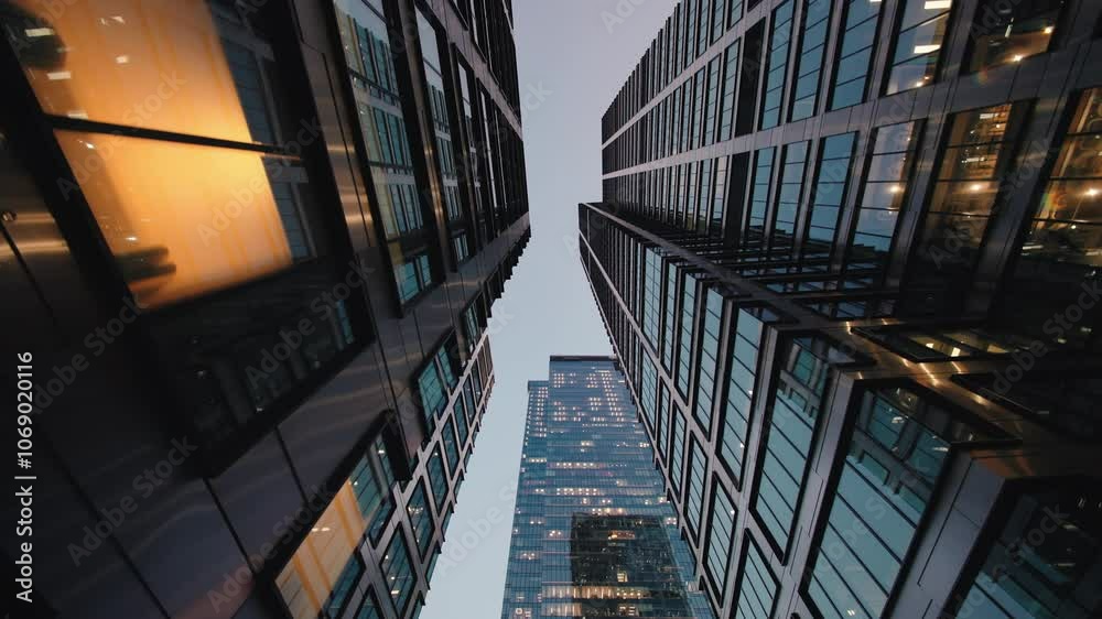 Wide angle gimbal dolly shot downtown high-rise glass skyscrapers in evening, financial district looking up tall modern architecture office buildings city center street, warm lighted windows