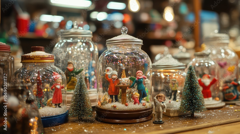 Festive DIY snow globe-making workshop, with jars, glitter, and miniature holiday figures. Festive DIY snow globe-making workshop, with jars, glitter, and miniature holiday figures.