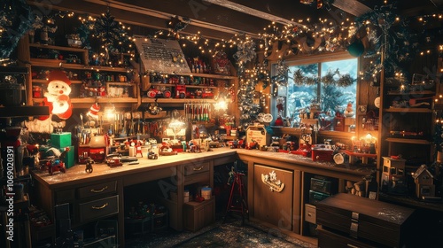 Santa workshop setup with toys, tools, and glittering decorations, all in warm, cozy lighting.