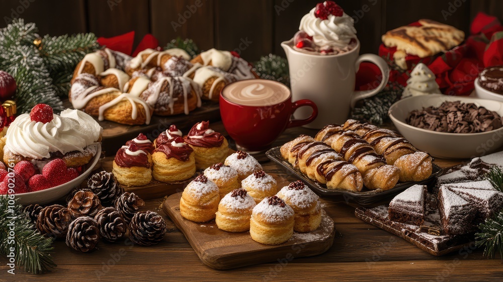 A table set with holiday breakfast foods, including pastries and hot chocolate, surrounded by holiday decor. A table set with holiday breakfast foods, including pastries and hot chocolate, surrounded by holiday decor.