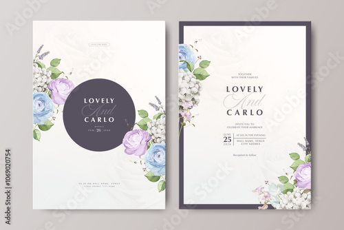 beautiful wedding invitation card with ranunculus and hydrangea flower photo