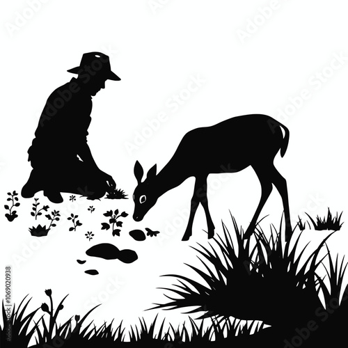 a vector silhouette illustration of a peaceful garden scene on a white background. On one side, depict a man wearing a hat, kneeling and working attentively in the soil,