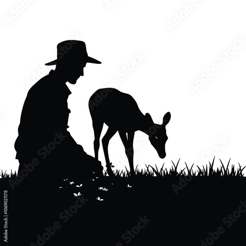 a vector silhouette illustration of a peaceful garden scene on a white background. On one side, depict a man wearing a hat, kneeling and working attentively in the soil,