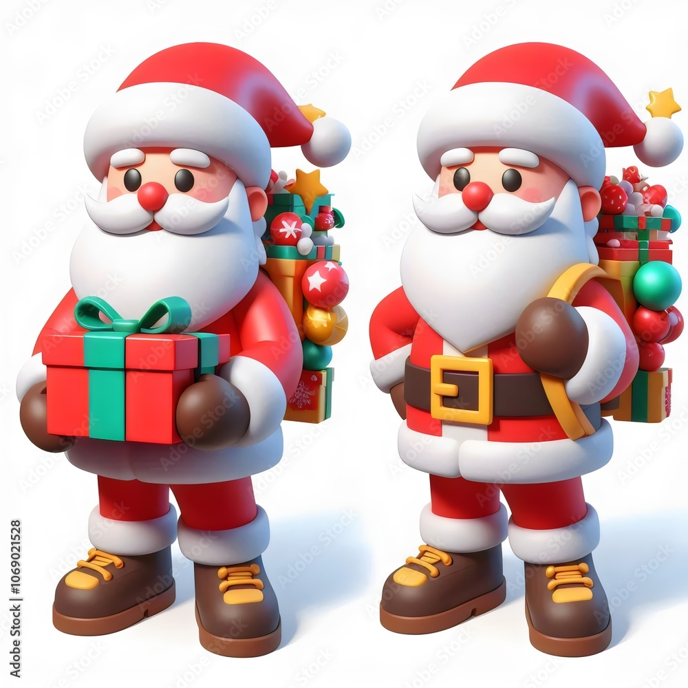 Two Santa Clauses with christmas gifts. Isolated on a white background. Two Santa Clauses with christmas gifts. Isolated on a white background.