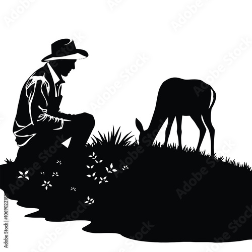 a vector silhouette illustration of a peaceful garden scene on a white background. On one side, depict a man wearing a hat, kneeling and working attentively in the soil,