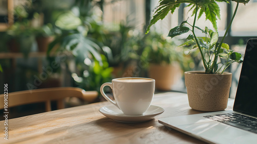 Nature Inspired Cafe with Professionals Working on Laptops