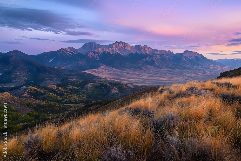 Majestic Mountain Sunset Landscape with Golden Grass Majestic Mountain Sunset Landscape with Golden Grass