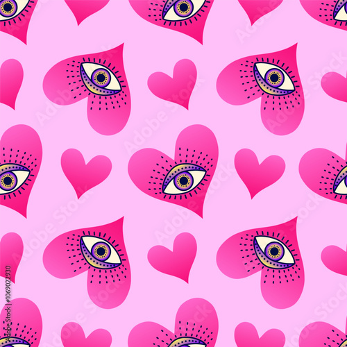 Seamless pattern with mystical pink hearts with mystical eyes