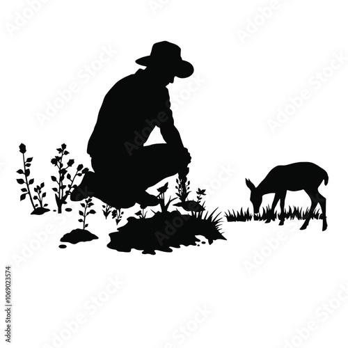 a vector silhouette illustration of a peaceful garden scene on a white background. On one side, depict a man wearing a hat, kneeling and working attentively in the soil,