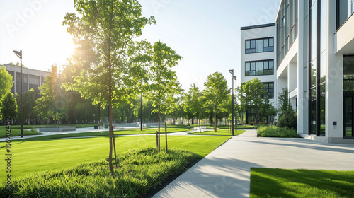 Contemporary University Campus with Green Landscaping and Sunny Sky