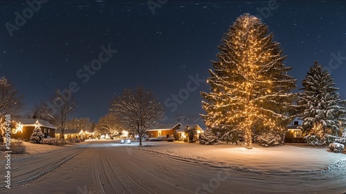 A serene winter night scene featuring snow-covered houses and a beautifully lit tree.