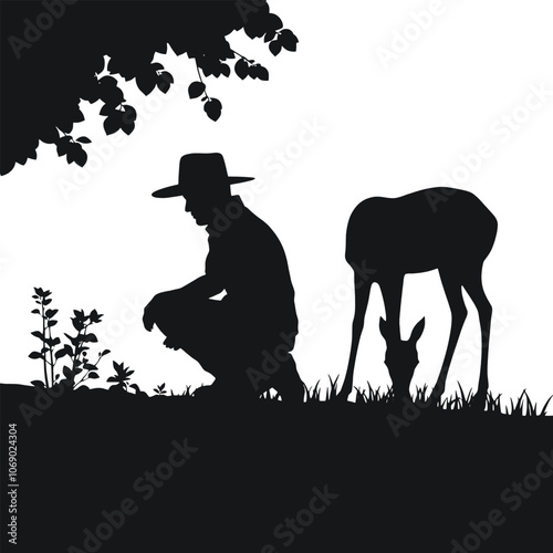 a vector silhouette illustration of a peaceful garden scene on a white background. On one side, depict a man wearing a hat, kneeling and working attentively in the soil,