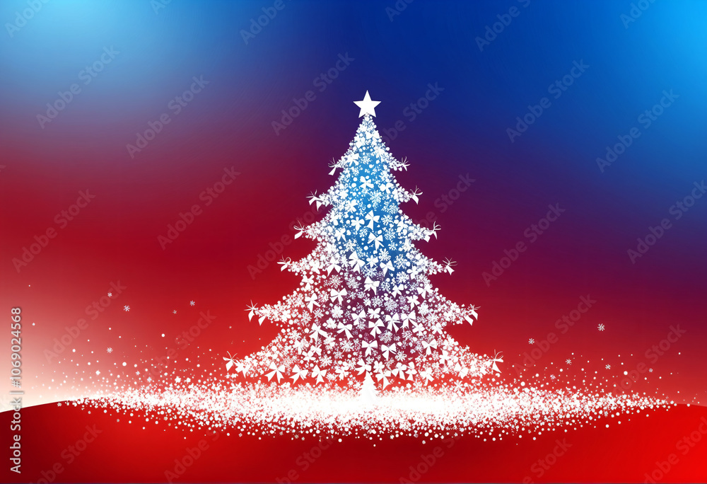 Christmas tree with ribbon with snowflakes in shades of blue and red Christmas tree with ribbon with snowflakes in shades of blue and red