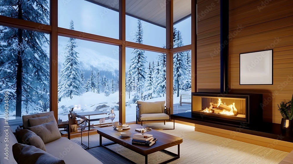 A cozy, modern living room with large windows showcasing a snowy landscape, featuring a warm fireplace and contemporary furnishings. A cozy, modern living room with large windows showcasing a snowy landscape, featuring a warm fireplace and contemporary furnishings.