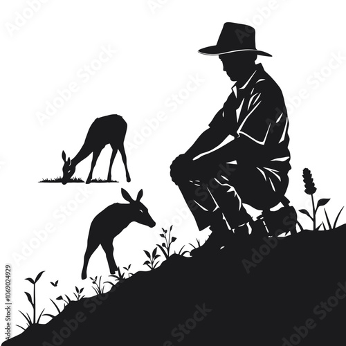 a vector silhouette illustration of a peaceful garden scene on a white background. On one side, depict a man wearing a hat, kneeling and working attentively in the soil,