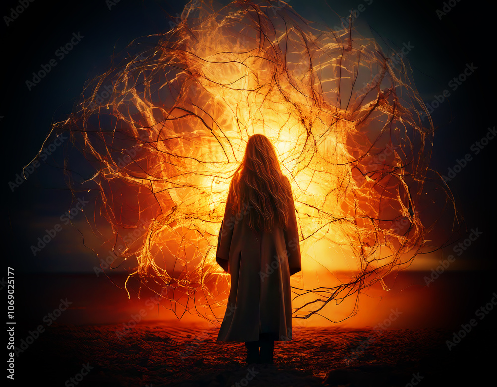 A person experiencing intense emotion, represented by an explosion of fiery energy A person experiencing intense emotion, represented by an explosion of fiery energy