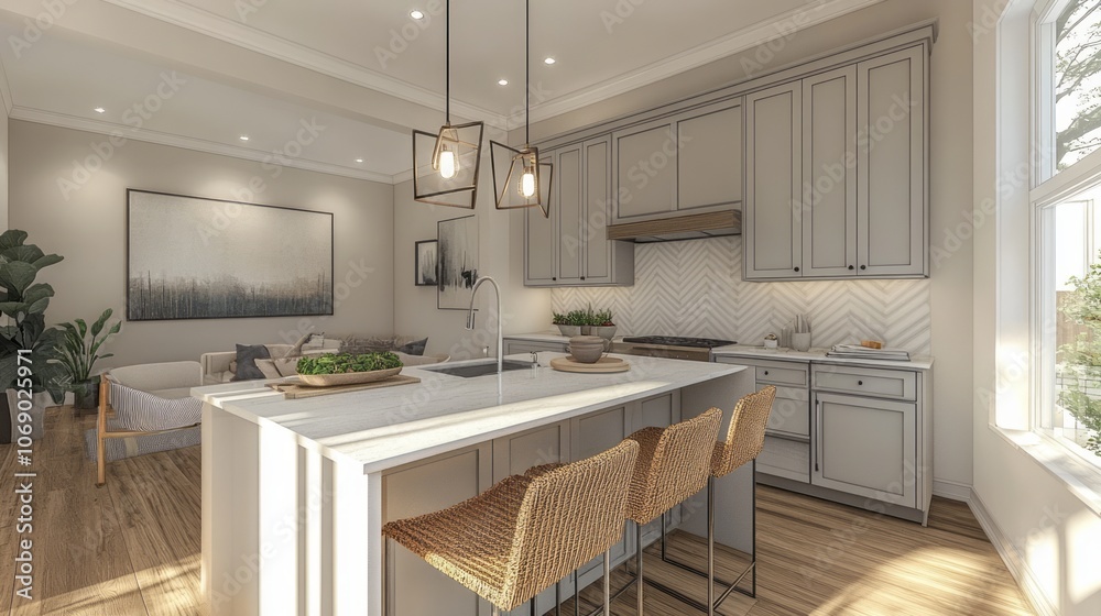 Modern Kitchen with White Countertops, Island, and Wicker Stools Modern Kitchen with White Countertops, Island, and Wicker Stools