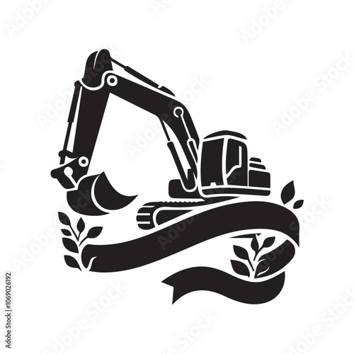 Excavator With Ribbon Vector Art And Illustration