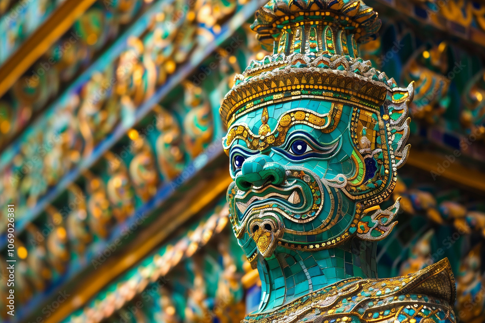 Close-up of a Guardian Giant Statue at Wat Phra Kaew, Decorated with Colorful Mosaic Tiles and Gold Close-up of a Guardian Giant Statue at Wat Phra Kaew, Decorated with Colorful Mosaic Tiles and Gold