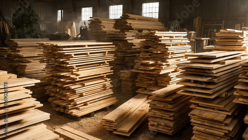 Stacks of freshly cut lumber in a rustic woodshop during the day photo