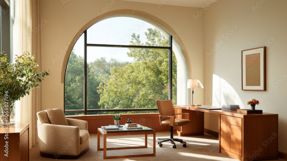 Fototapeta premium A modern office space featuring large arched window with view of lush greenery. room is furnished with comfortable chair, wooden desk, and stylish coffee table, creating serene and productive atmosphe