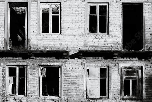 A classic black and white image of an old abandoned building with intricate details.