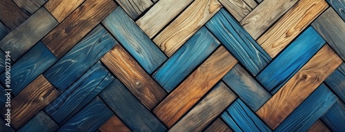 Elegant Blue and Natural Wood Herringbone Pattern