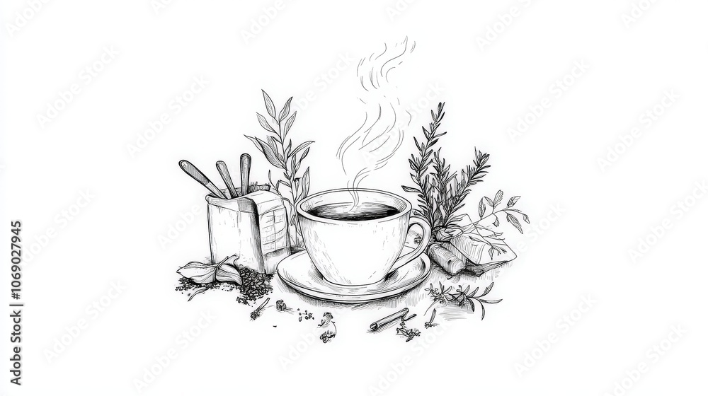 A minimalist black-and-white illustration of a tea cup with steam rising, surrounded by simple outlines of tea leaves and herbs. 