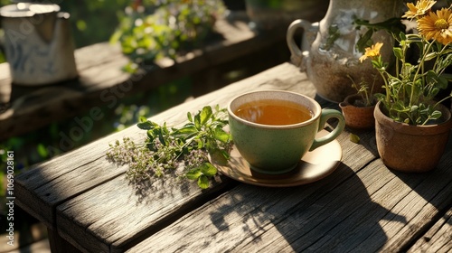 A rustic outdoor scene featuring a cup of herbal tea on a wooden table, with fresh herbs and flowers around, highlighting the connection to nature. 