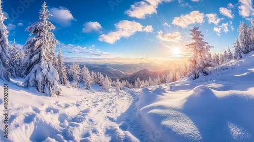 A serene winter landscape with snow-covered tree and a vibrant sunset illuminating the horizon.