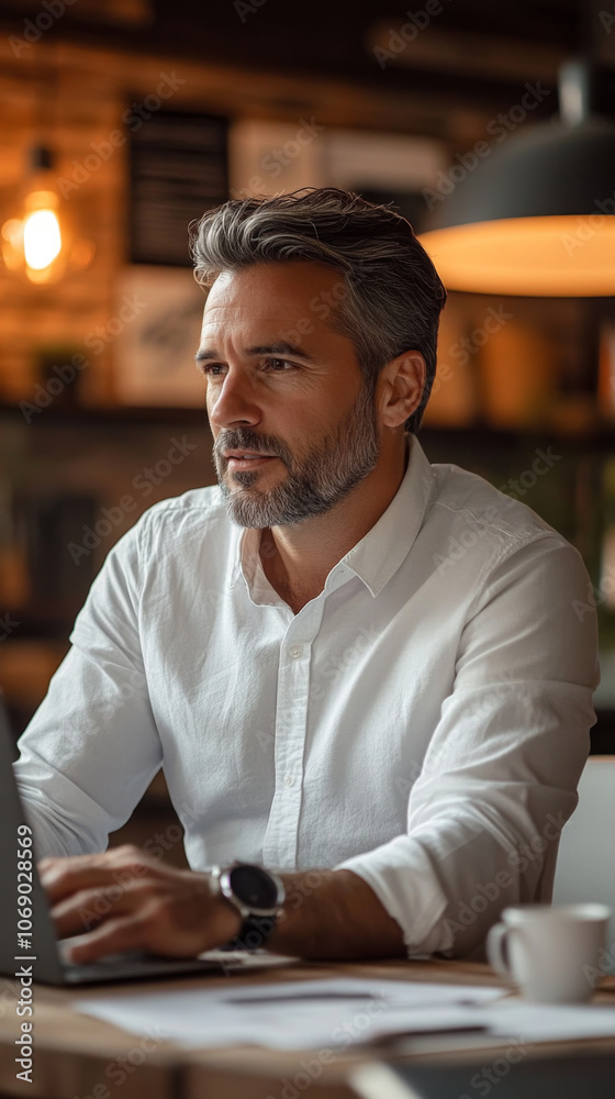A man sits at a table in a cafe, working on a laptop. A man sits at a table in a cafe, working on a laptop.