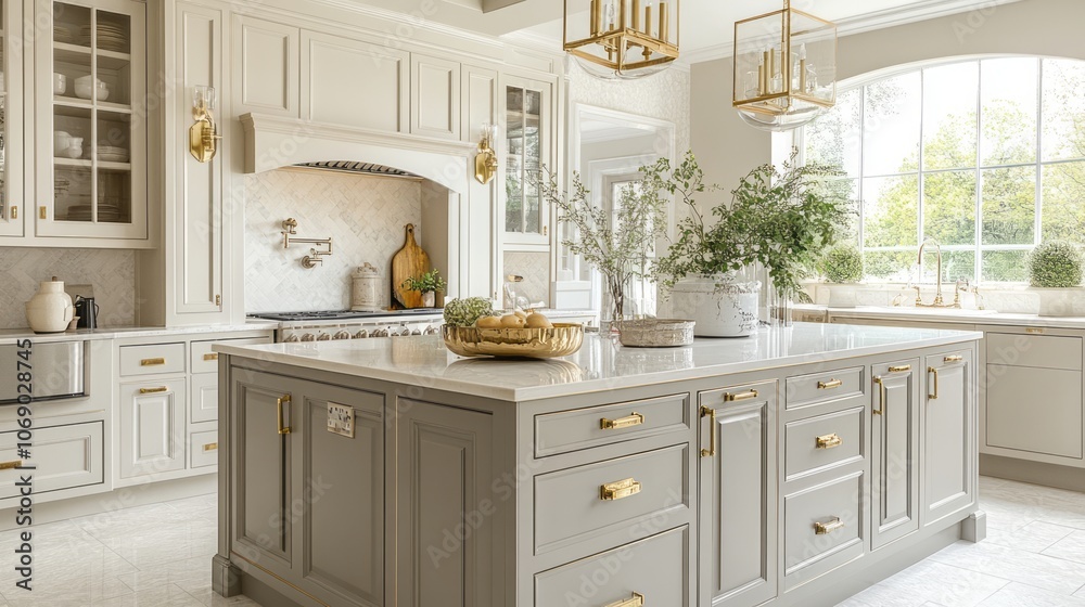 A Grey Kitchen Island With Gold Hardware and White Cabinets