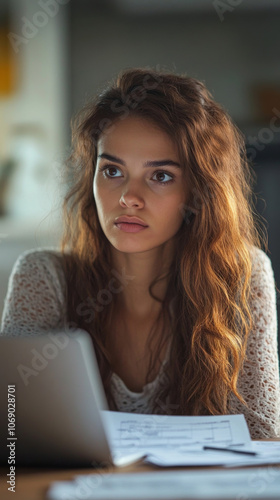 A young woman with long brown hair sits at a desk with a laptop and papers, looking thoughtful.