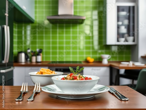 Flatware set on a vibrant green background with spoon, knife, and fork, metallic, design